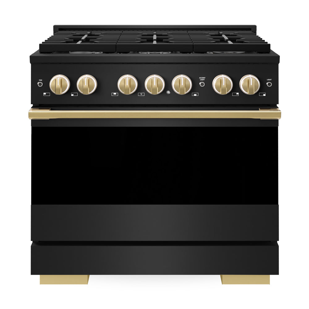 ZLINE Autograph Edition Marino 36-inch range in black stainless steel and polished gold accents MGRBZ-36-G, front view
