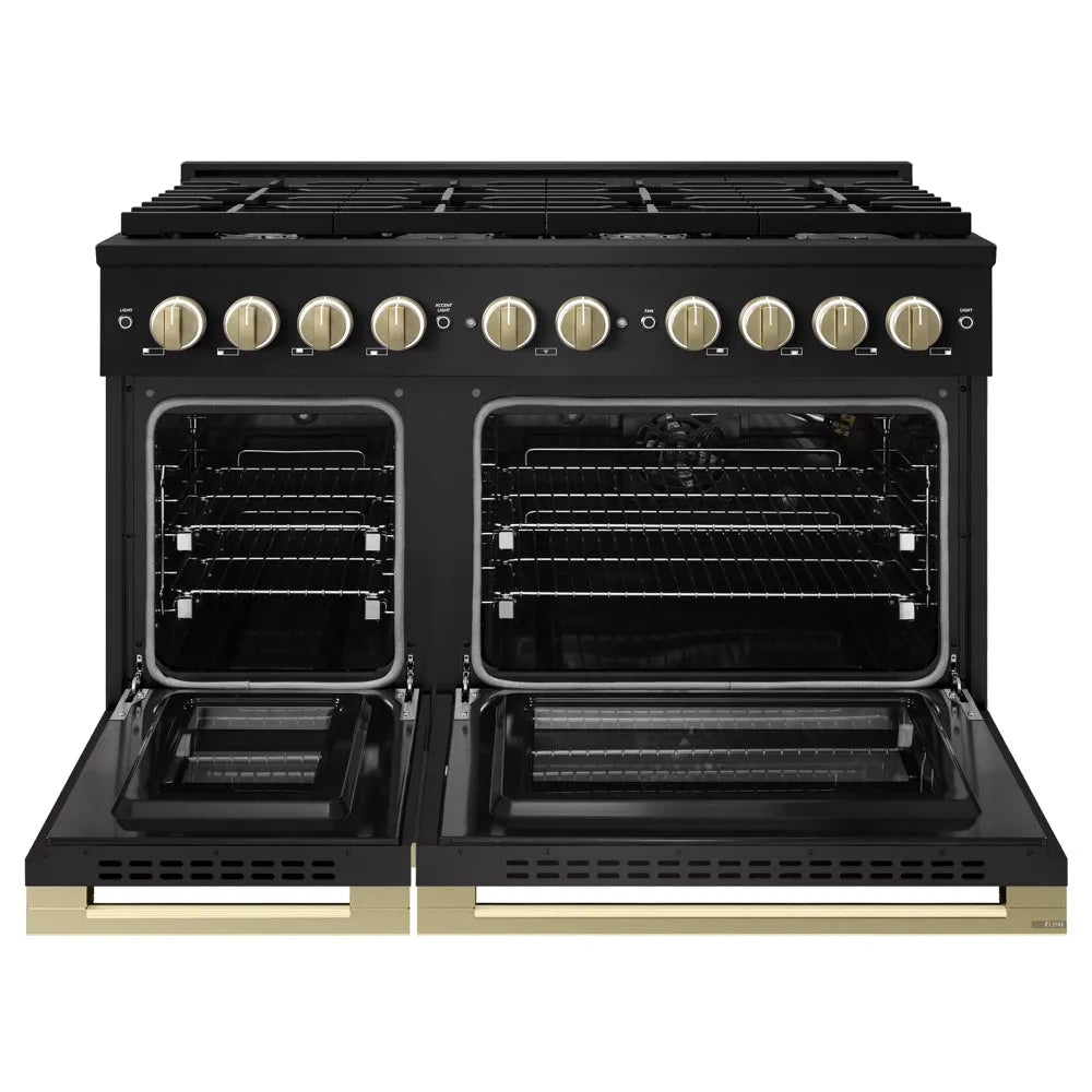 ZLINE Autograph Edition Marino 48-inch range in black stainless steel and champagne bronze accents MGRBZ-48-CB, front view