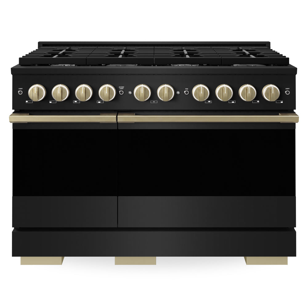 ZLINE Autograph Edition Marino 48-inch range in black stainless steel and champagne bronze accents MGRBZ-48-CB, front view