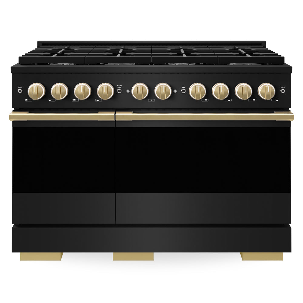 ZLINE Autograph Edition Marino 48-inch range in black stainless steel and polished gold accents MGRBZ-48-G, front view
