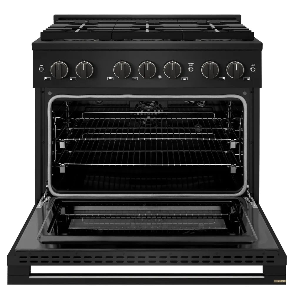 ZLINE Marino 36-inch range in black stainless steel PMGRB-36, front view