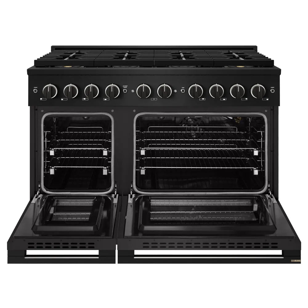 ZLINE Marino 48-inch range in black stainless steel PMGRB-48, front view