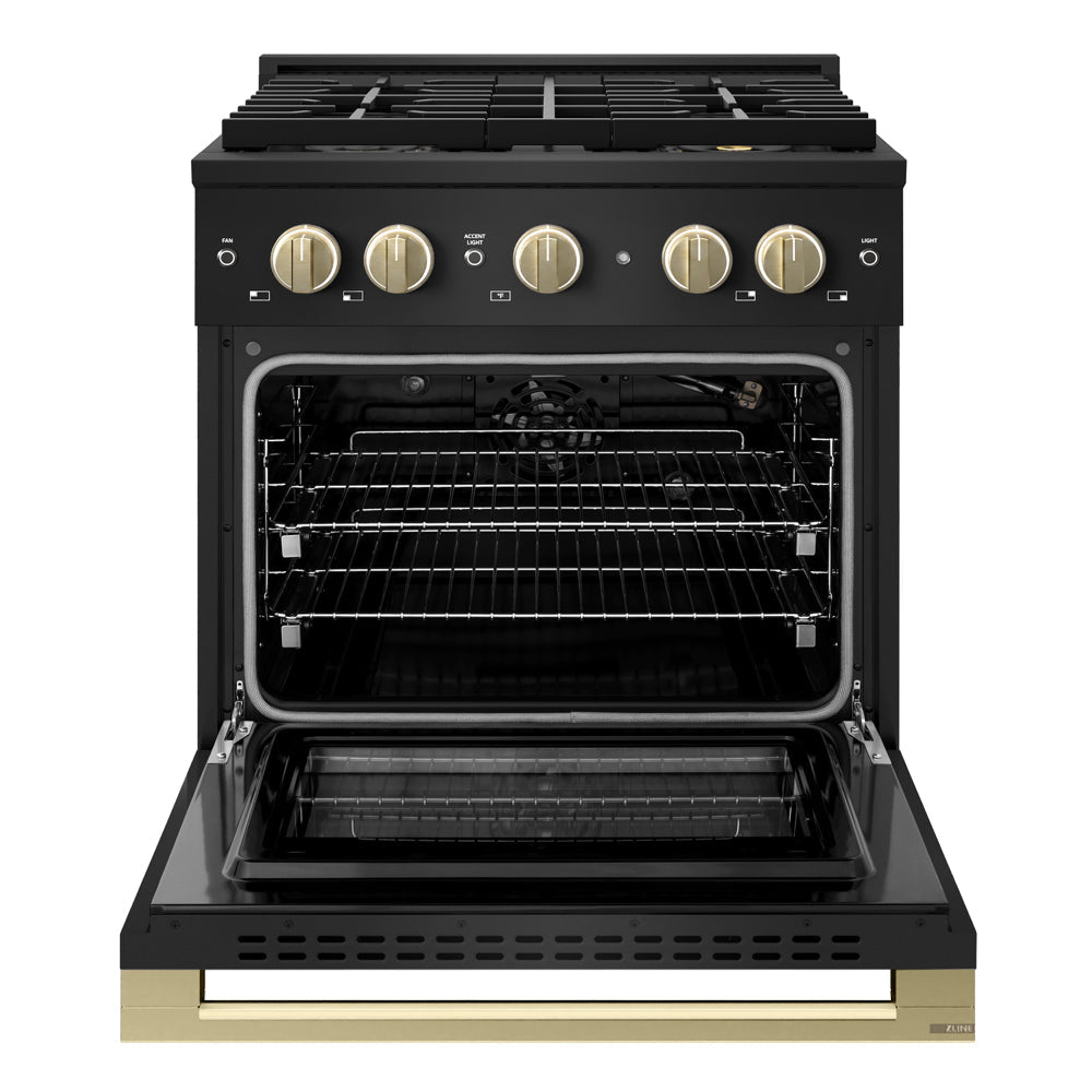 ZLINE Autograph Edition Marino 30-inch range in black stainless steel and champagne bronze accents PMGRBZ-30-CB, front view