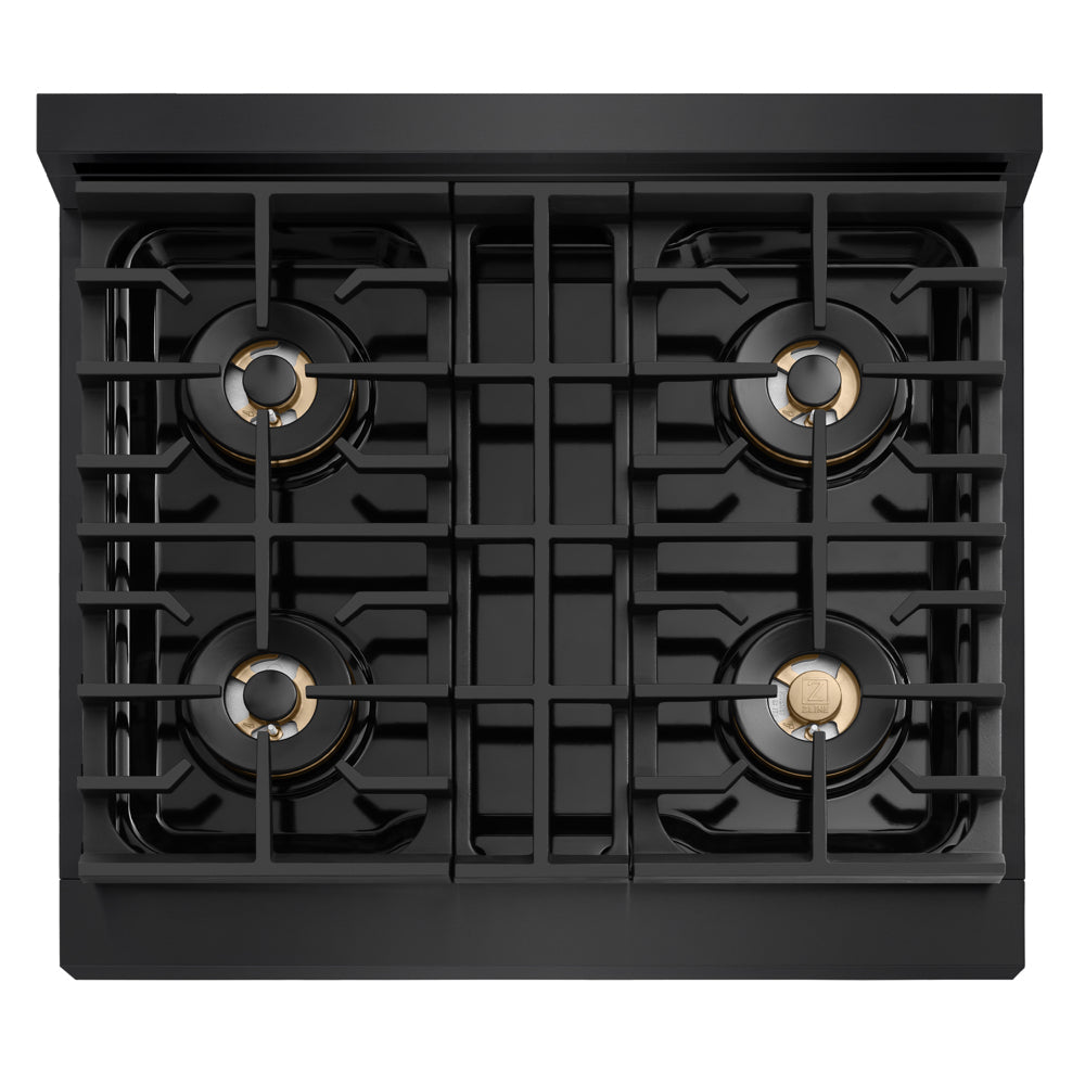 ZLINE Autograph Edition Marino 30-inch range in black stainless steel and champagne bronze accents PMGRBZ-30-CB, from above