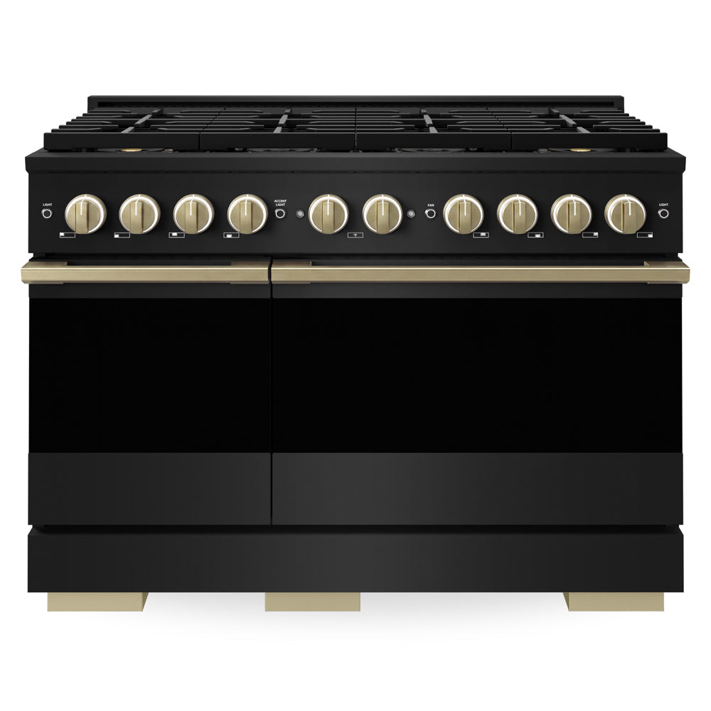 ZLINE Autograph Edition Marino 48-inch range in black stainless steel and champagne bronze accents PMGRBZ-48-CB, front view