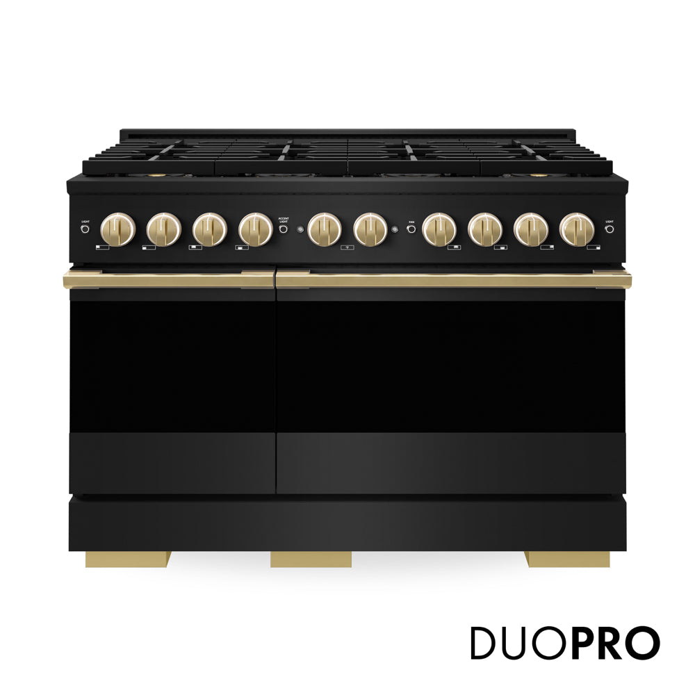 ZLINE Autograph Edition Marino 48-inch range in black stainless steel and polished gold accents PMGRBZ-48-G