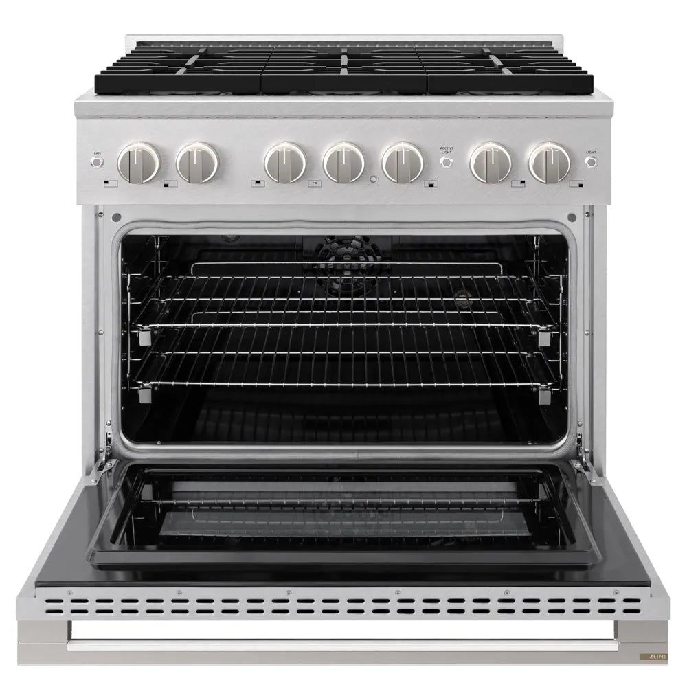 ZLINE Marino 36-inch range in satin stainless steel PMDRS-36, front view