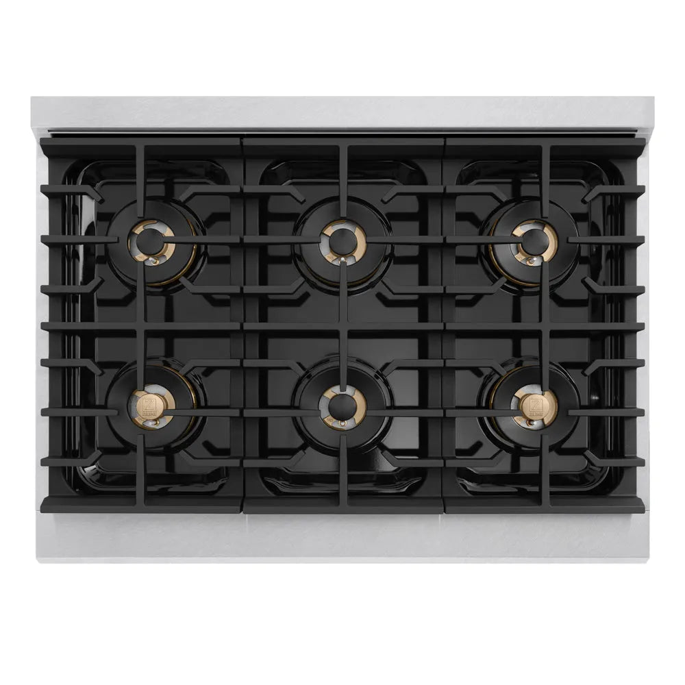 ZLINE Marino 36-inch range in satin stainless steel PMDRS-36, from above