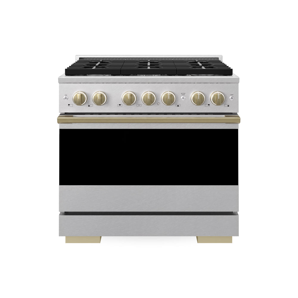ZLINE Autograph Edition Marino 36-inch range in satin stainless steel and champagne bronze accents MDRSZ-36-CB