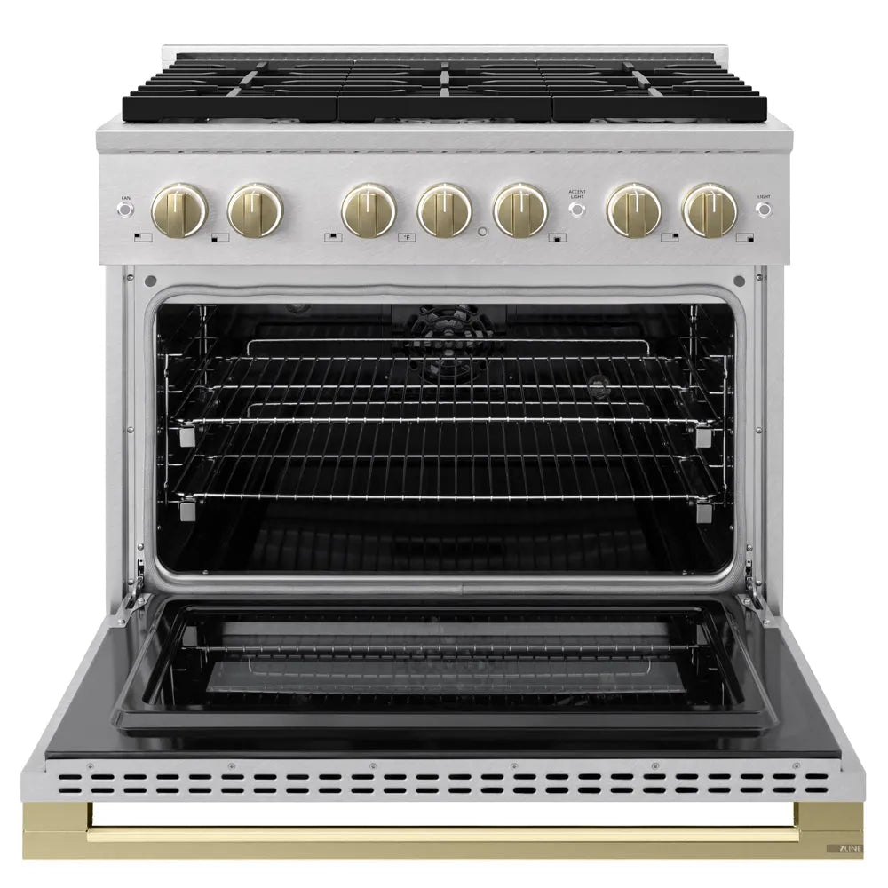 ZLINE Autograph Edition Marino 36-inch range in satin stainless steel and champagne bronze accents MDRSZ-36-CB, front view