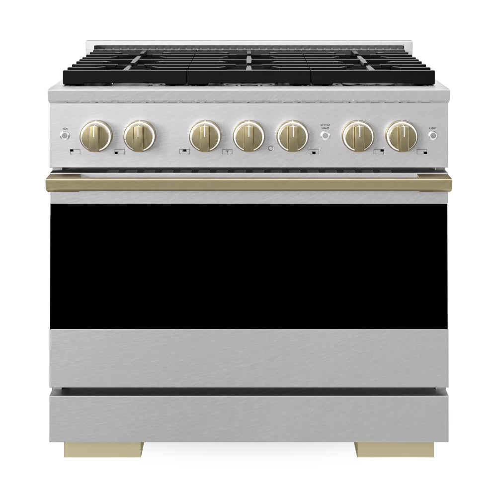 ZLINE Autograph Edition Marino 36-inch range in satin stainless steel and champagne bronze accents MDRSZ-36-CB, front view
