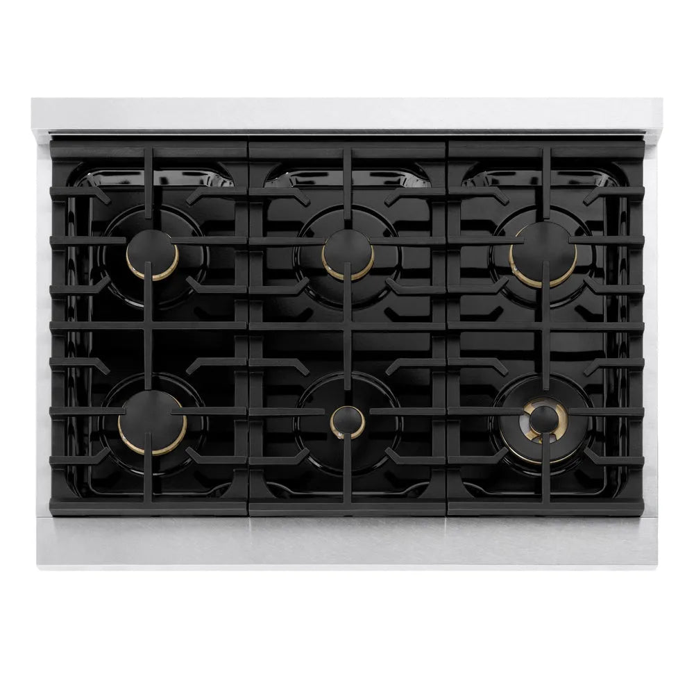 ZLINE Autograph Edition Marino 36-inch range in satin stainless steel and champagne bronze accents MDRSZ-36-CB, from above
