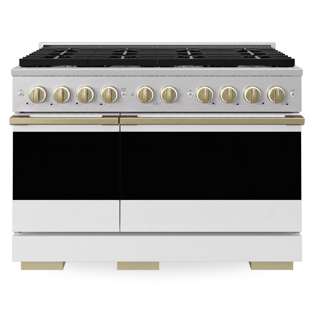 ZLINE Autograph Edition Marino 48-inch range in satin stainless steel with white matte door and champagne bronze accents MDRSZ-WM-48-CB, front view