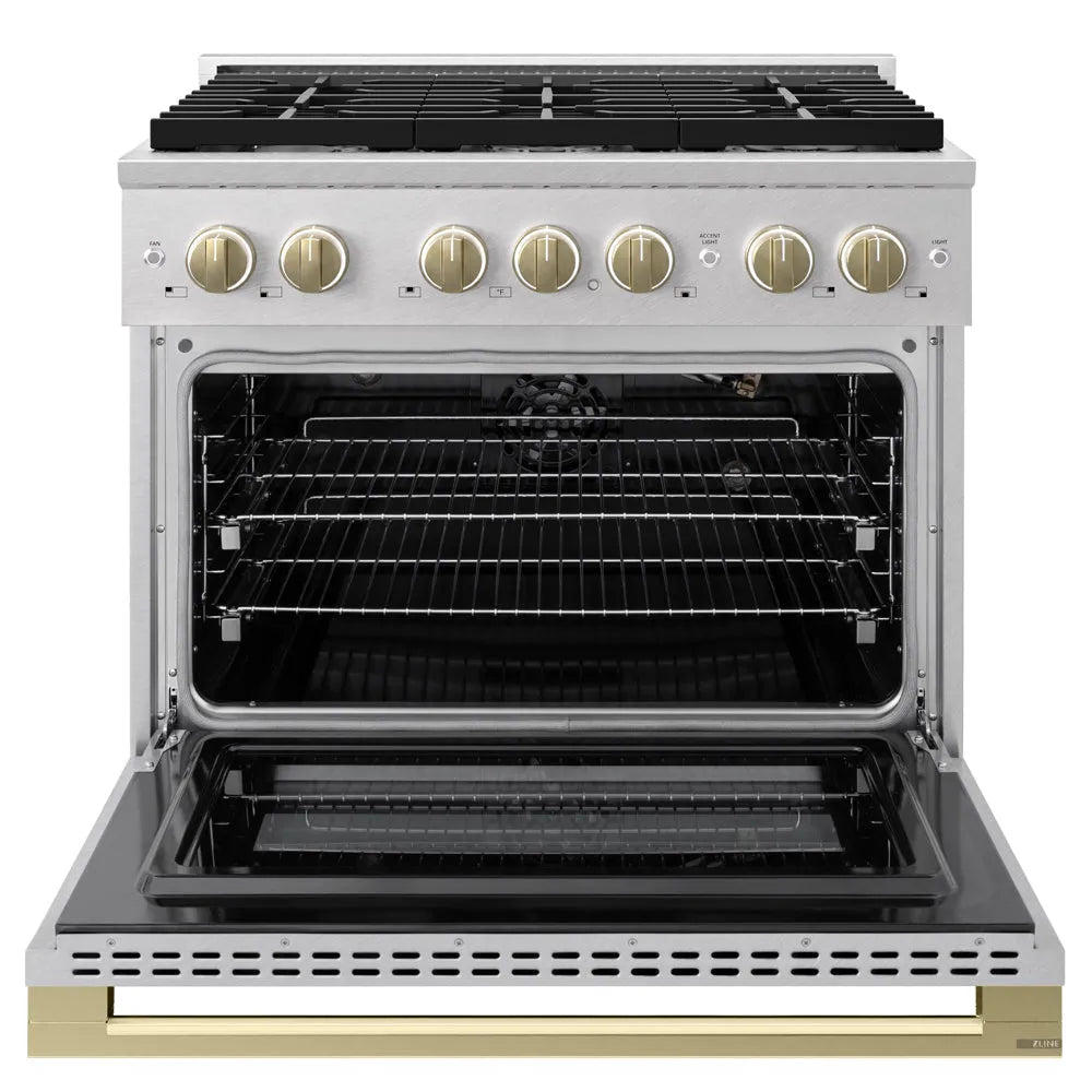 ZLINE Autograph Edition Marino 36-inch range in satin stainless steel and champagne bronze accents MGRSZ-36-CB, front view
