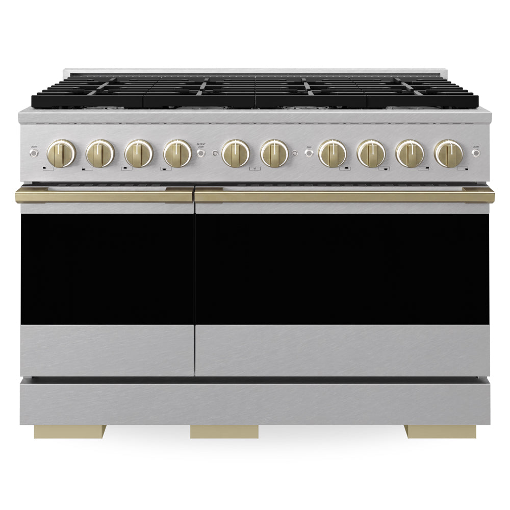 ZLINE Autograph Edition Marino 48-inch range in satin stainless steel and champagne bronze accents MGRSZ-48-CB, front view