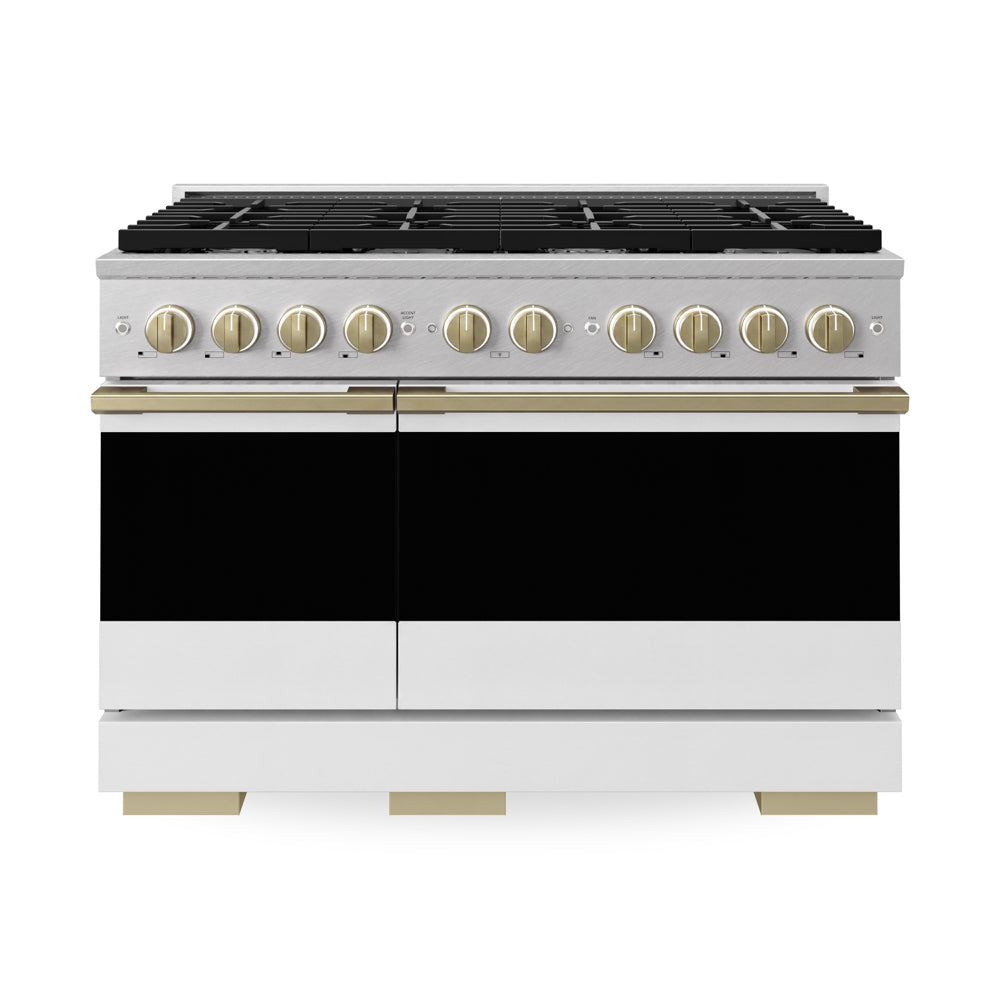 ZLINE Autograph Edition Marino 48-inch range in satin stainless steel with white matte door and champagne bronze accents MGRSZ-WM-48-CB