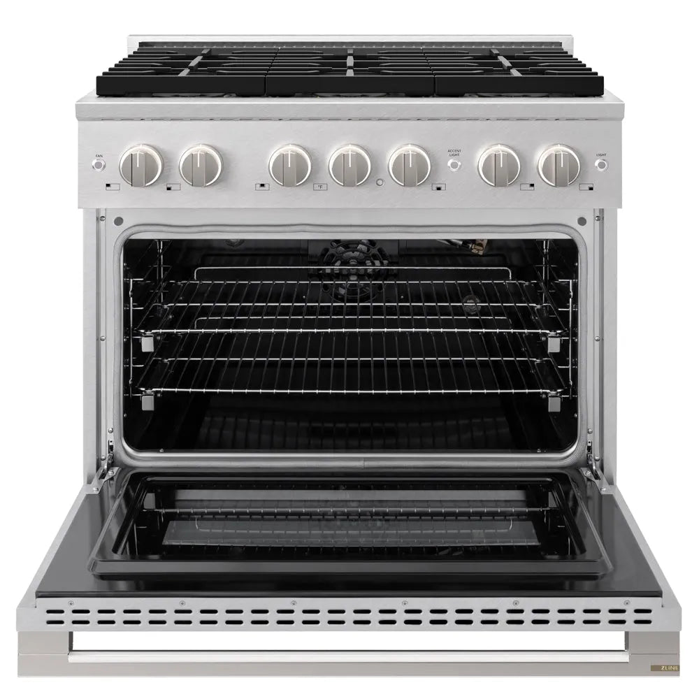 ZLINE Marino 36-inch range in satin stainless steel PMGRS-36, front view