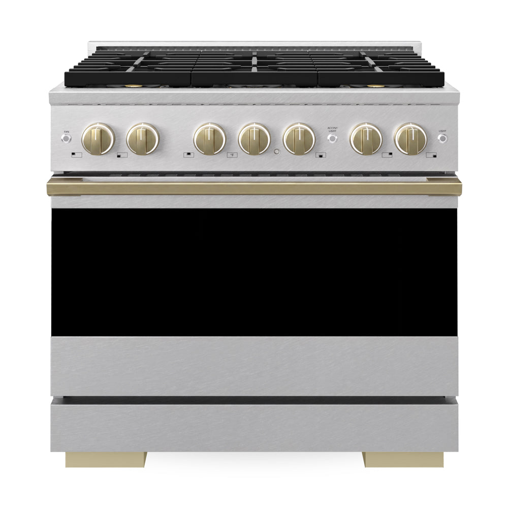 ZLINE Autograph Edition Marino 36-inch range in satin stainless steel and champagne bronze accents PMGRSZ-36-CB, front view