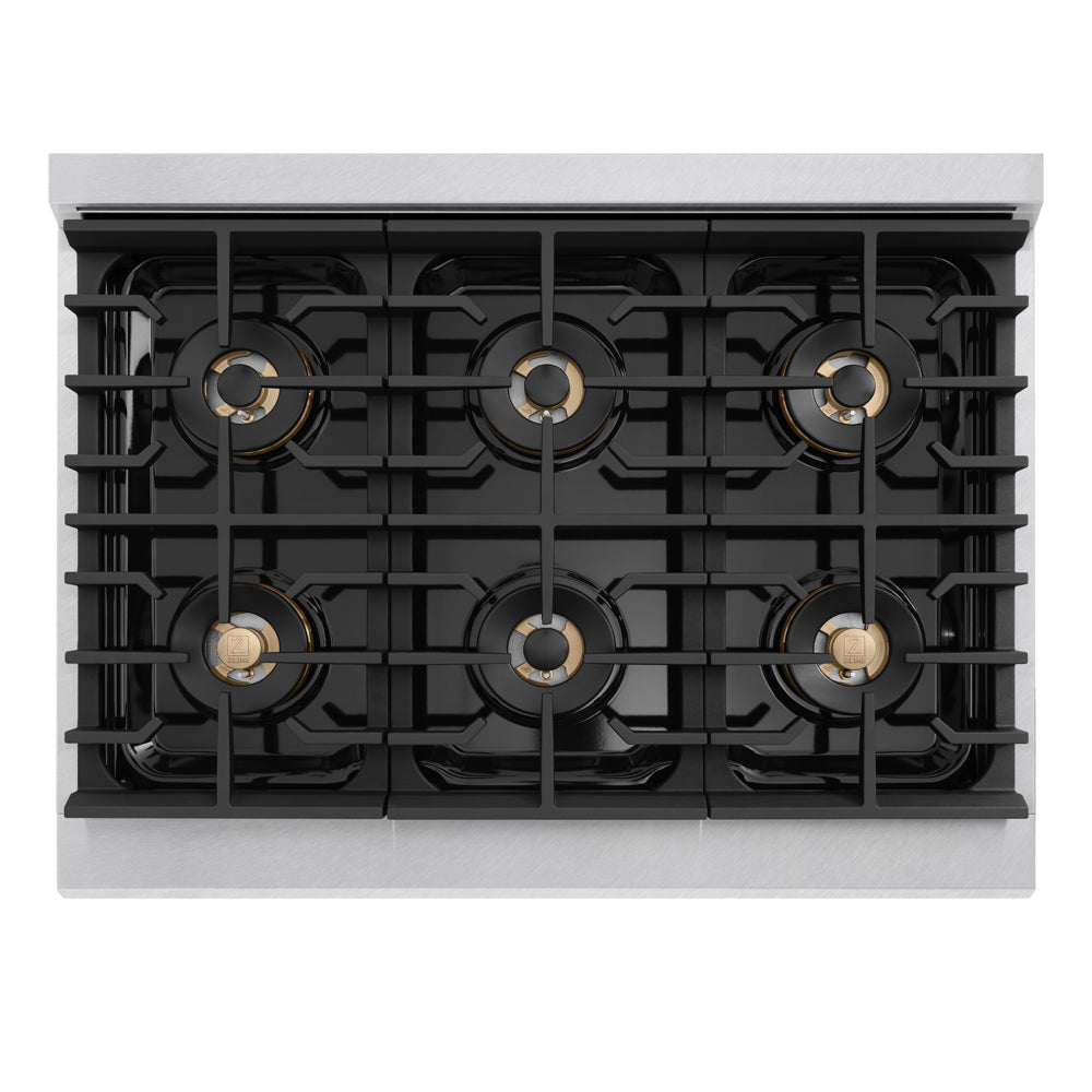 ZLINE Autograph Edition Marino 36-inch range in satin stainless steel and champagne bronze accents PMGRSZ-36-CB, from above