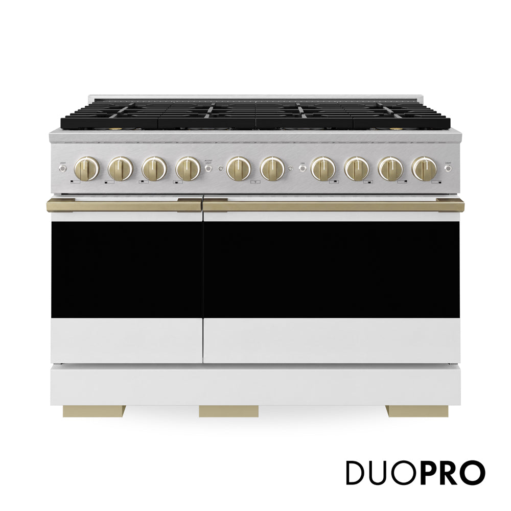 ZLINE Autograph Edition Marino 48-inch range in satin stainless steel with white matte door and champagne bronze accents PMGRSZ-WM-48-CB