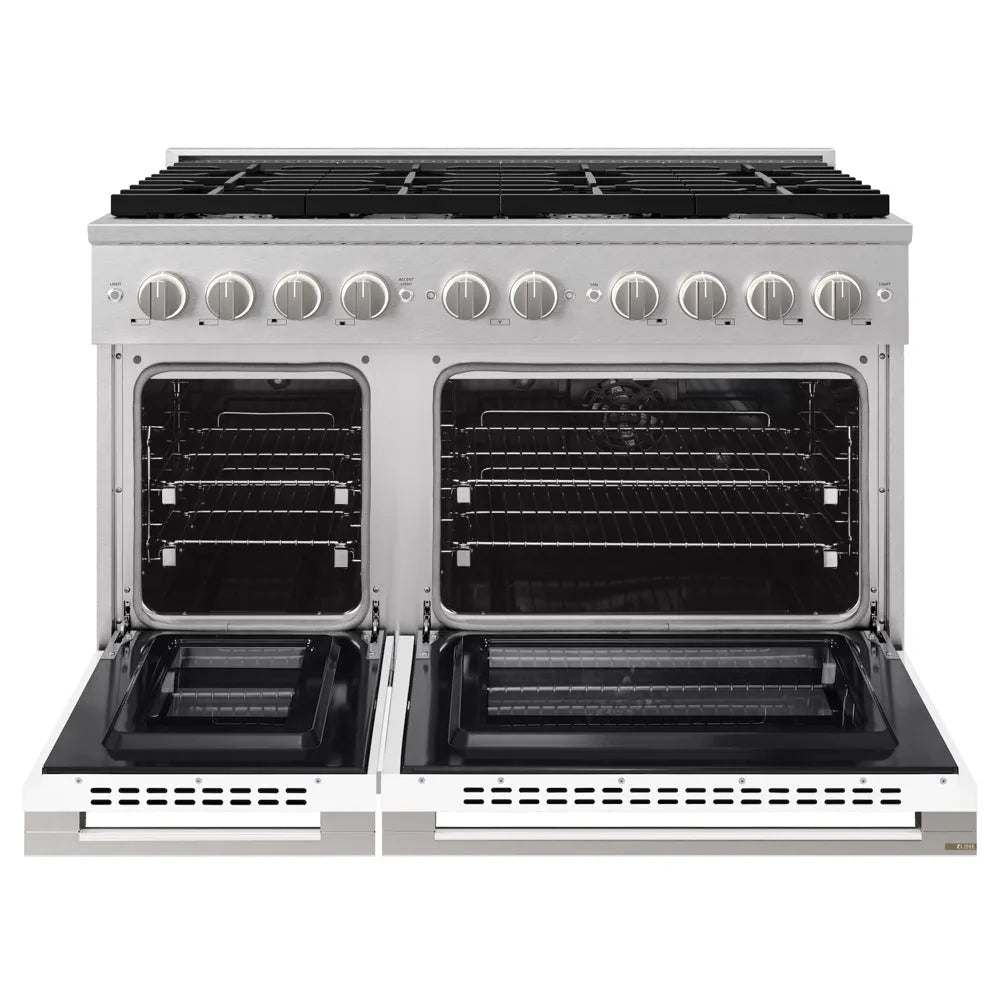 ZLINE Marino 48-inch range in satin stainless steel with white matte door MDRS-WM-48, front view