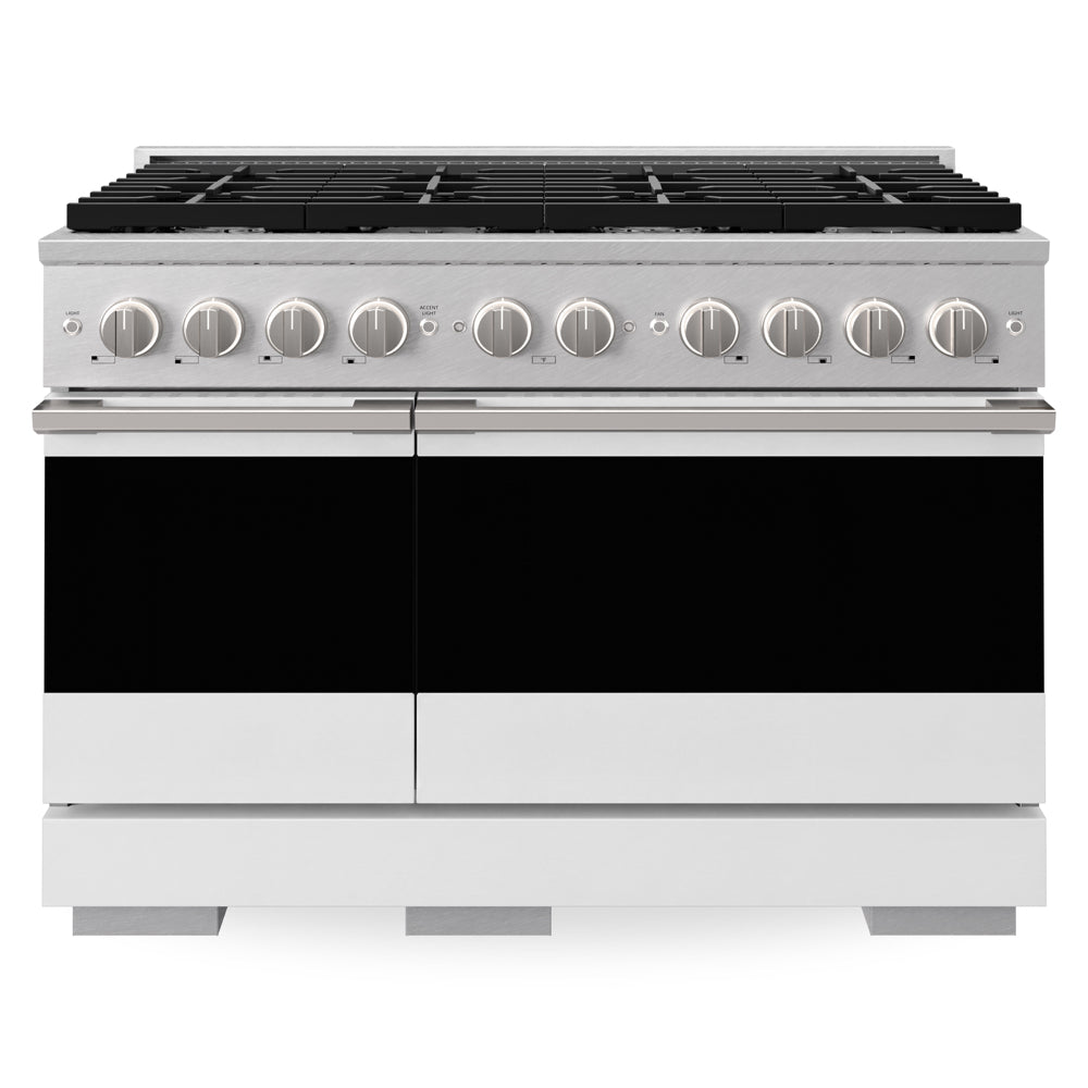 ZLINE Marino 48-inch range in satin stainless steel with white matte door MGRS-WM-48, front view