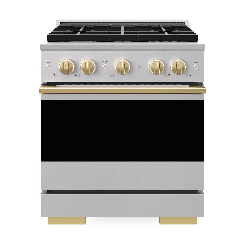 ZLINE Autograph Edition Marino 30-inch range in stainless steel and polished gold accents MDRZ-30-G, front view