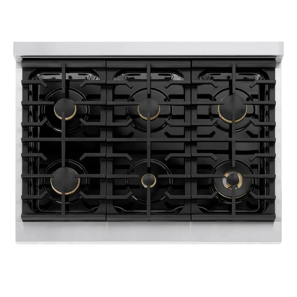 ZLINE Autograph Edition Marino 36-inch range in stainless steel and polished gold accents MDRZ-36-G, from above