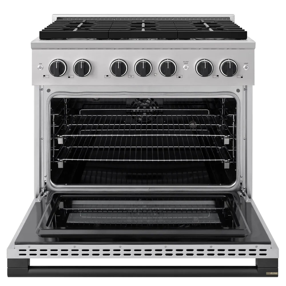 ZLINE Autograph Edition Marino 36-inch range in stainless steel and matte black accents MDRZ-36-MB, front view