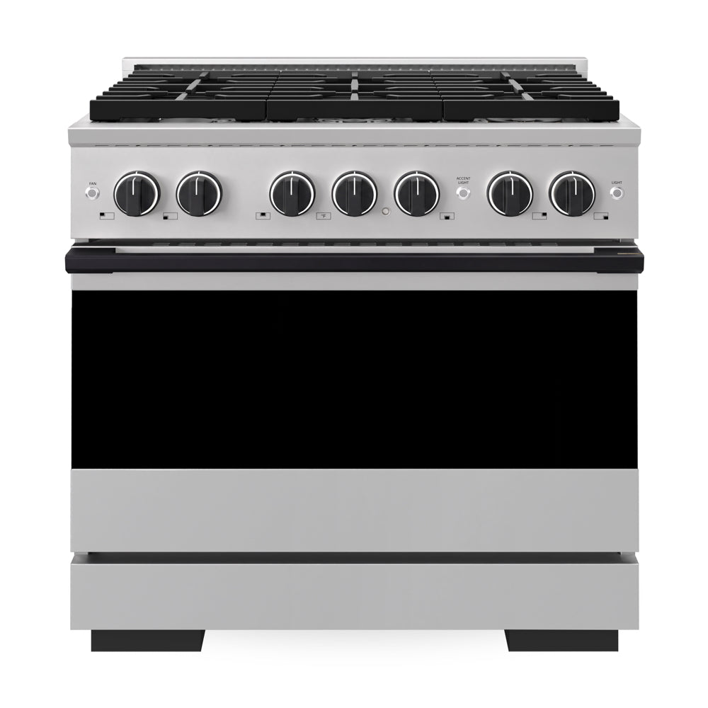 ZLINE Autograph Edition Marino 36-inch range in stainless steel and matte black accents MDRZ-36-MB, front view