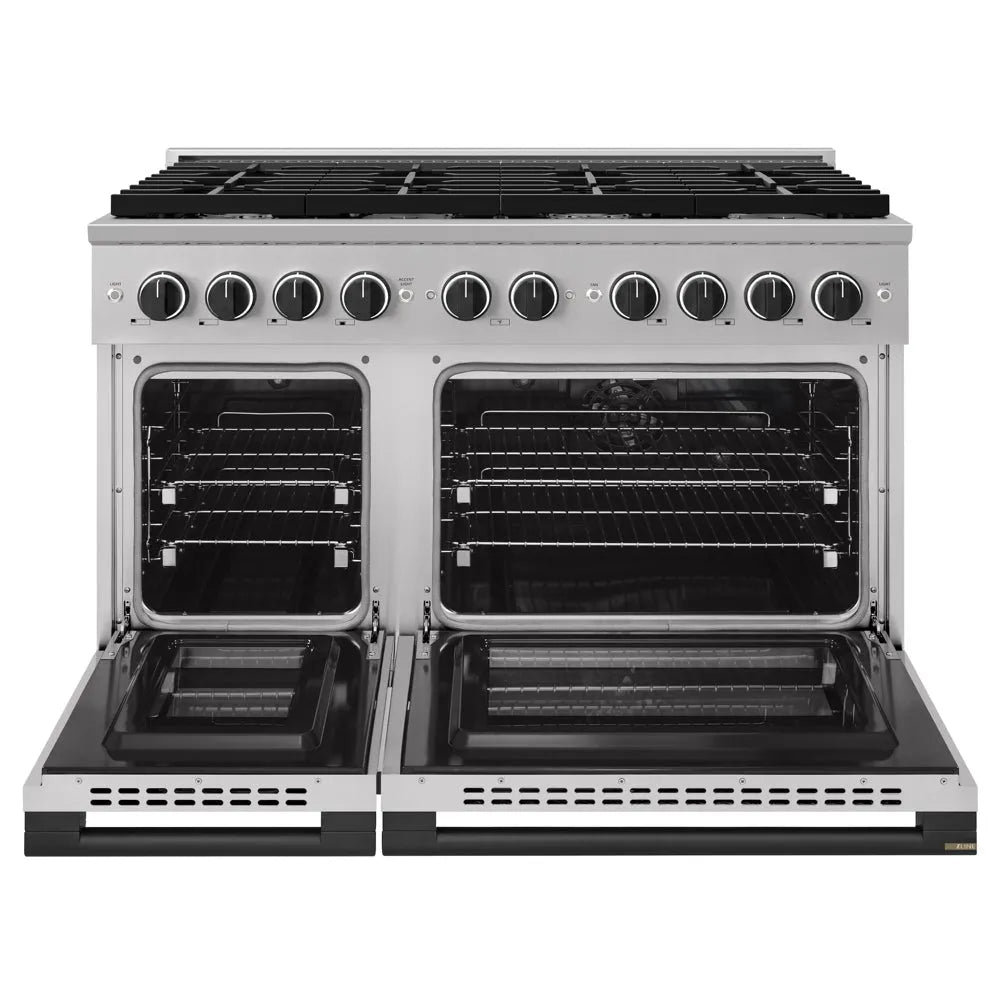 ZLINE Autograph Edition Marino 48-inch range in stainless steel and matte black accents MDRZ-48-MB, front view