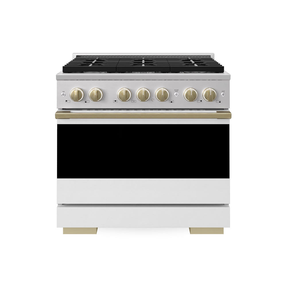 ZLINE Autograph Edition Marino 36-inch range in stainless steel with white matte door and champagne bronze accents MDRZ-WM-36-CB
