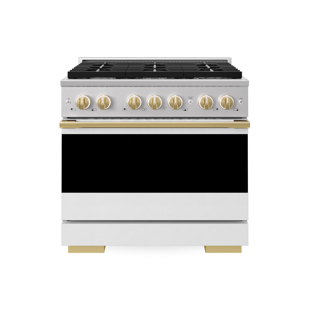 ZLINE Autograph Edition Marino 36-inch range in stainless steel with white matte door and polished gold accents MDRZ-WM-36-G