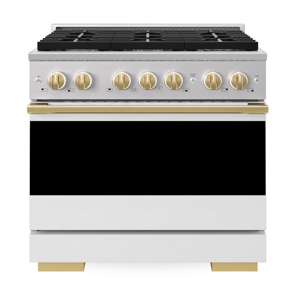 ZLINE Autograph Edition Marino 36-inch range in stainless steel with white matte door and polished gold accents MDRZ-WM-36-G, front view