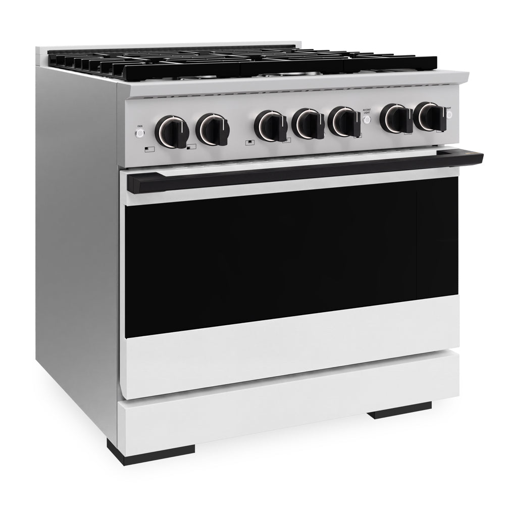 ZLINE Autograph Edition Marino 36-inch range in stainless steel with white matte door and matte black accents MDRZ-WM-36-MB, side view