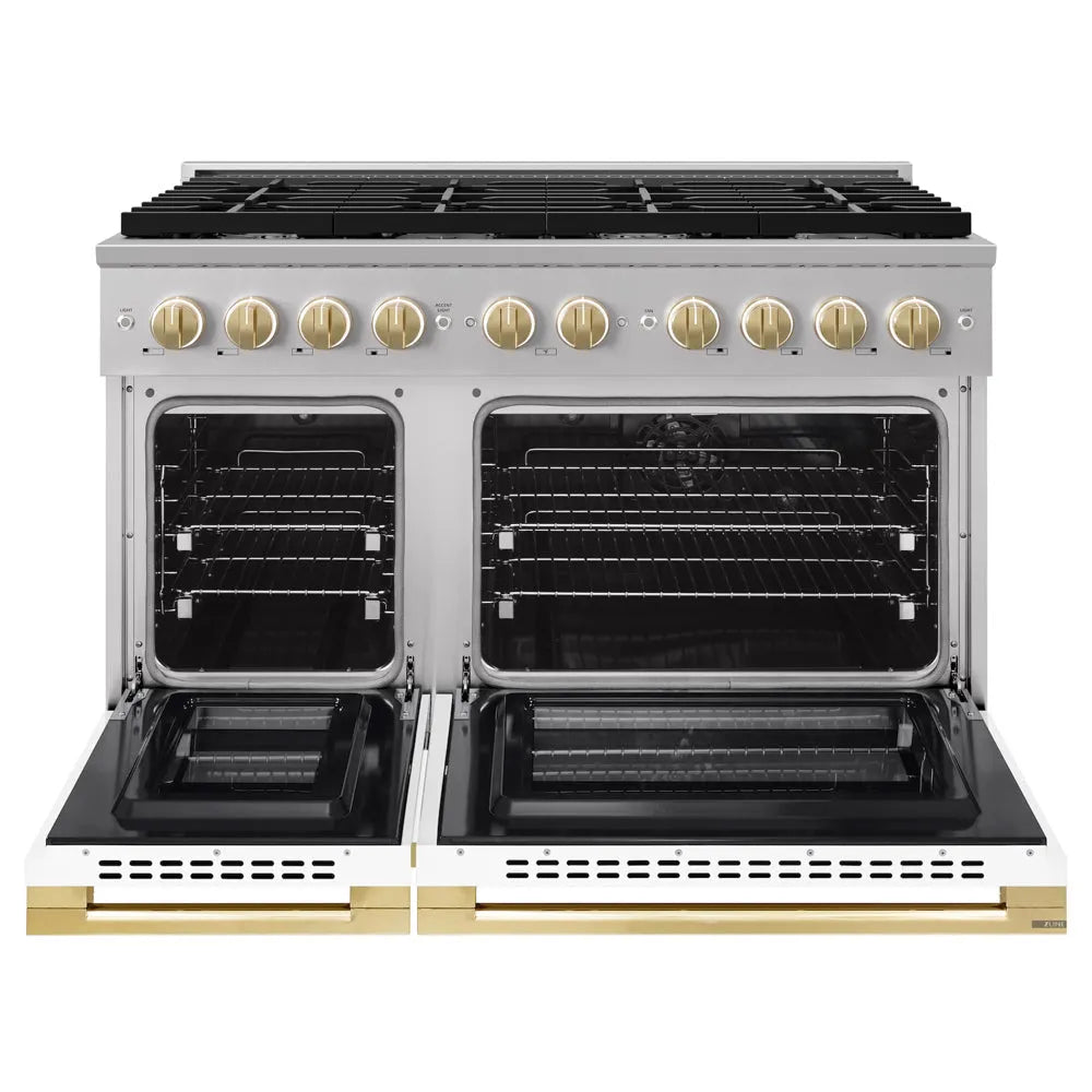 ZLINE Autograph Edition Marino 48-inch range in stainless steel with white matte door and polished gold accents MDRZ-WM-48-G, front view