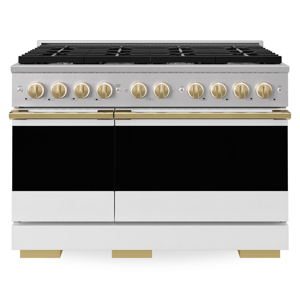 ZLINE Autograph Edition Marino 48-inch range in stainless steel with white matte door and polished gold accents MDRZ-WM-48-G, front view