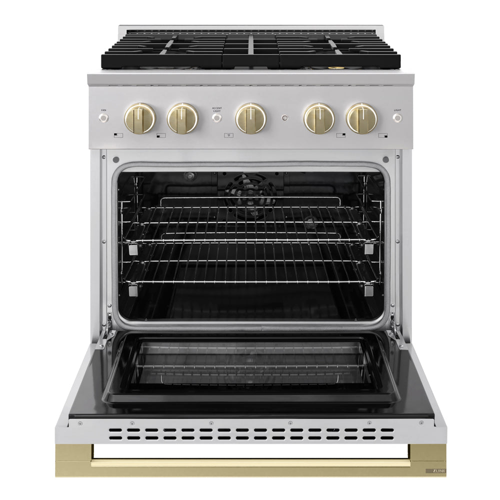ZLINE Autograph Edition Marino 30-inch range in stainless steel and champagne bronze accents PMDRZ-30-CB, front view