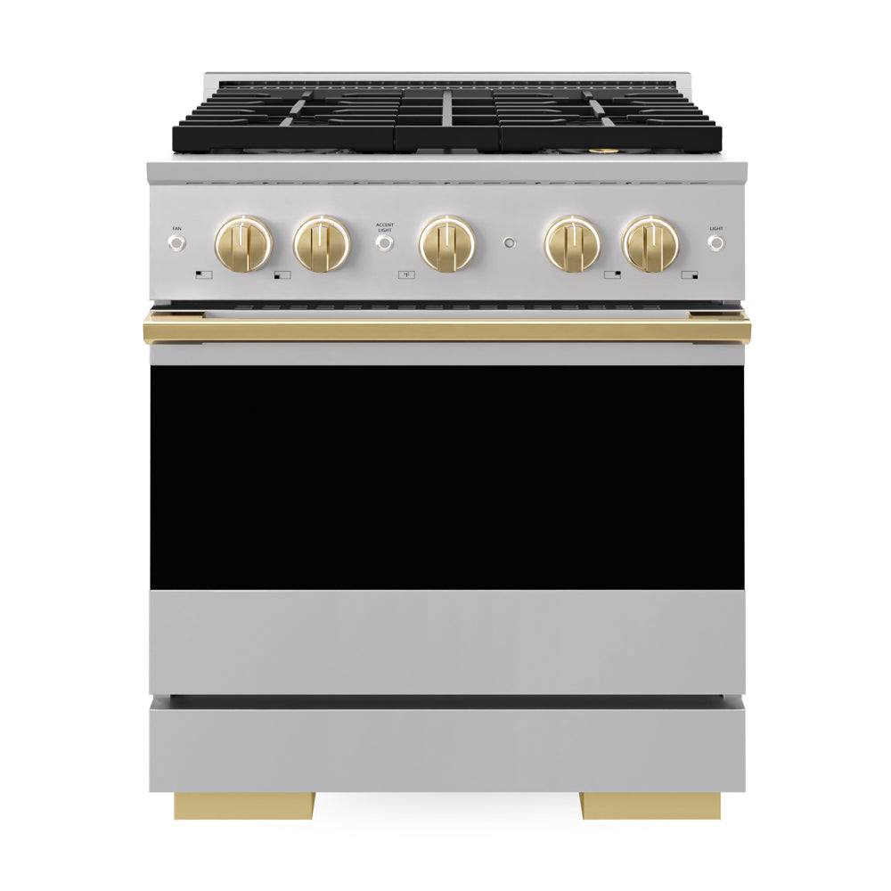 ZLINE Autograph Edition Marino 30-inch range in stainless steel with satin stainless steel door and polished gold accents PMDRZ-30-G, front view