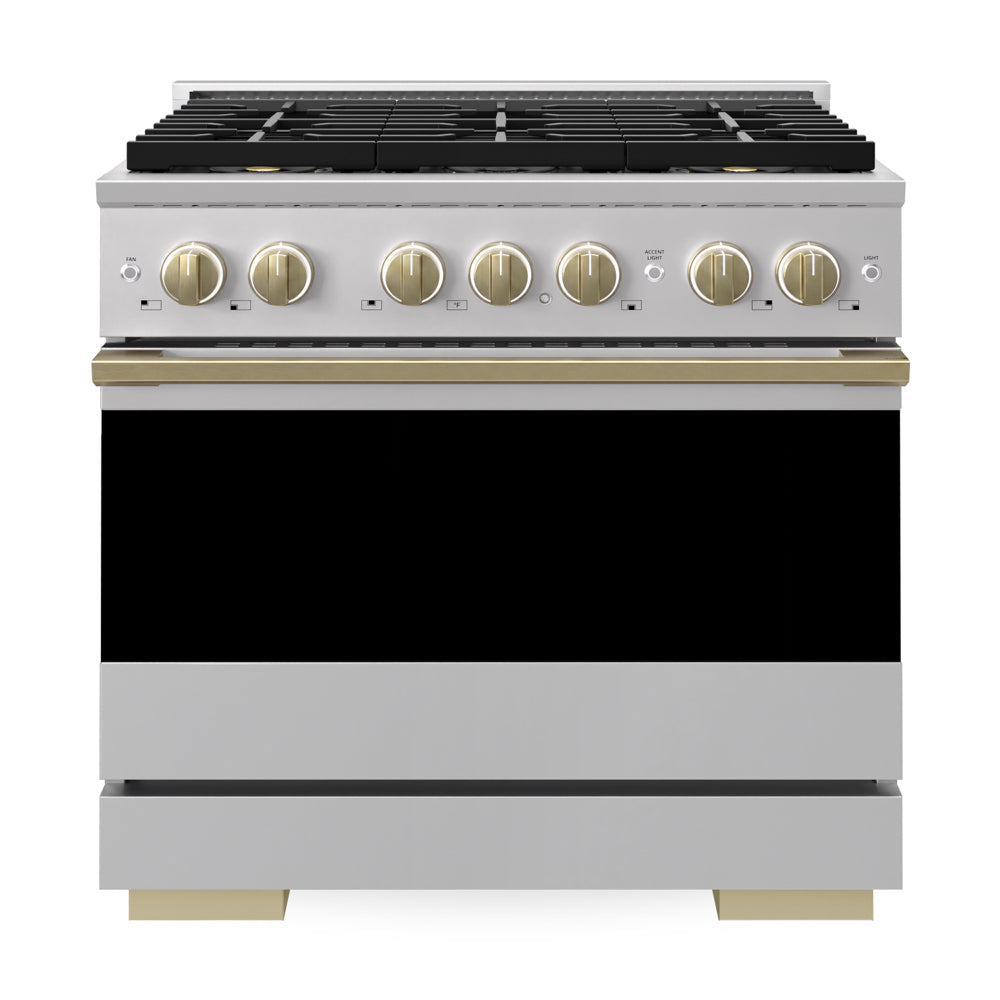 ZLINE Autograph Edition Marino 36-inch range in stainless steel and champagne bronze accents PMDRZ-36-CB, front view