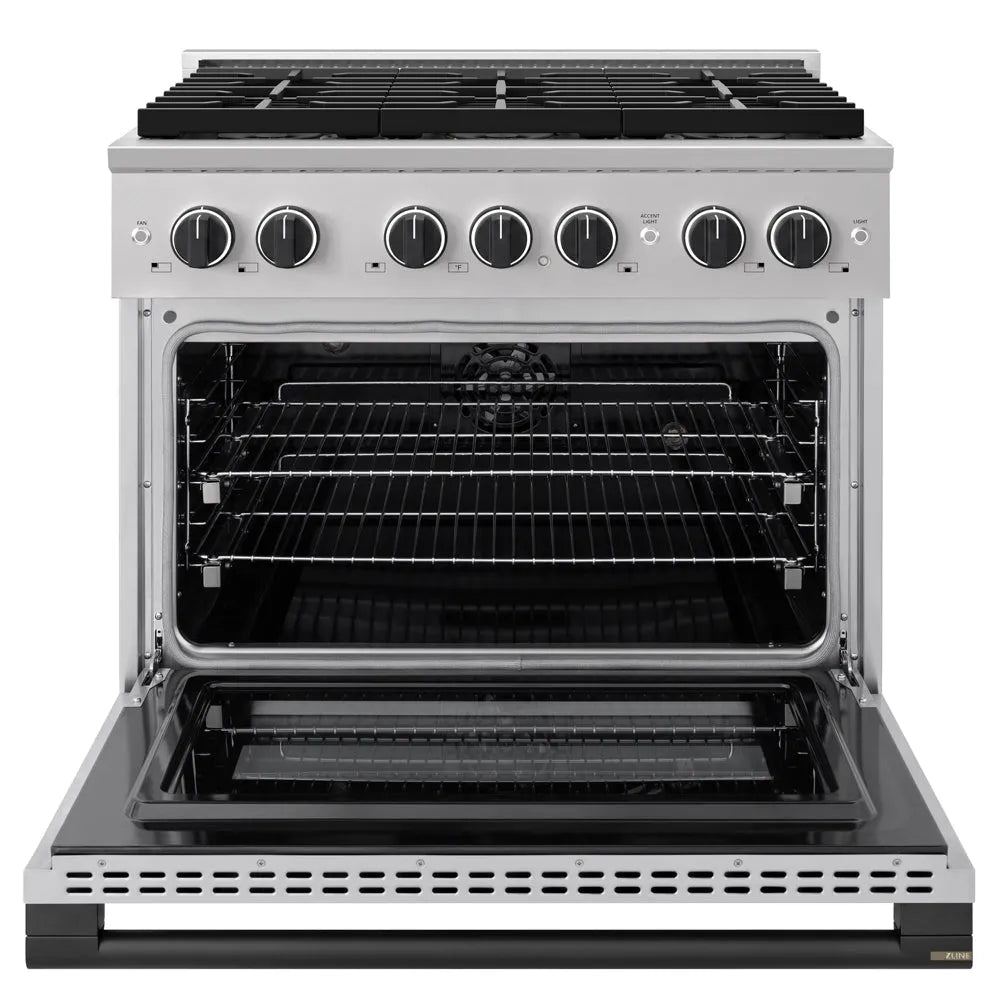 ZLINE Autograph Edition Marino 36-inch range in stainless steel and matte black accents PMDRZ-36-MB, front view