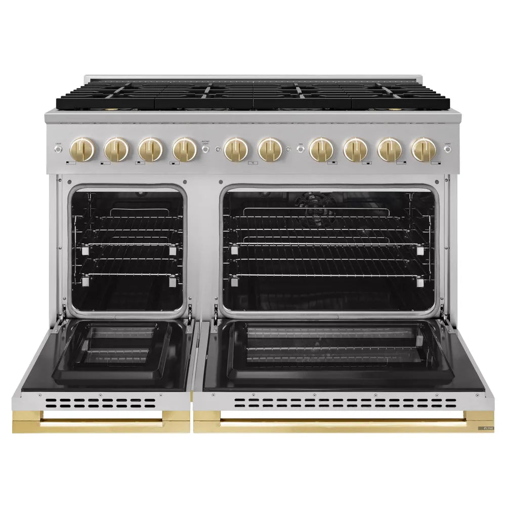 ZLINE Autograph Edition Marino 48-inch range in stainless steel and polished gold accents PMDRZ-48-G, front view