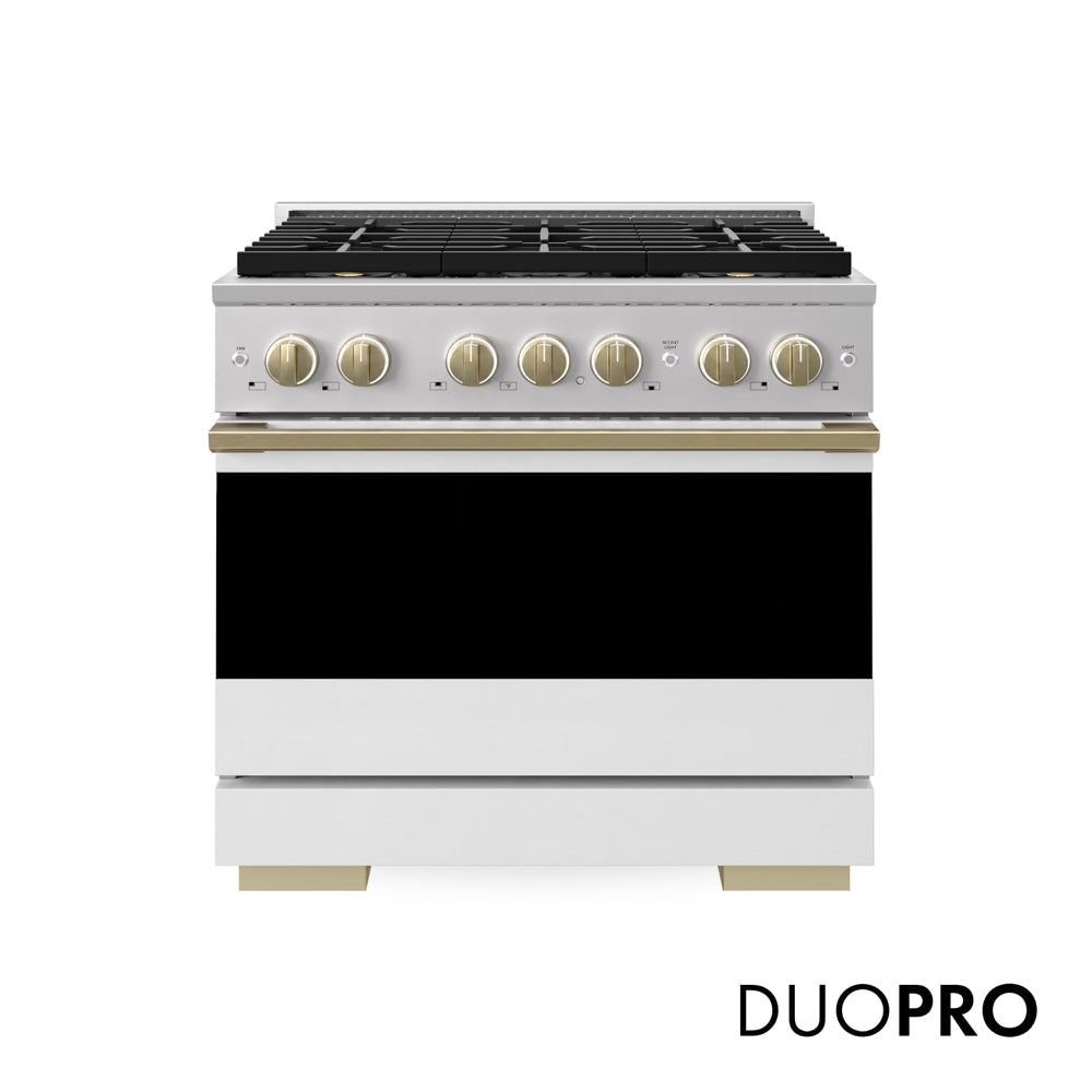 ZLINE Autograph Edition Marino 36-inch range in white matte and champagne bronze accents PMDRZ-WM-36-CB