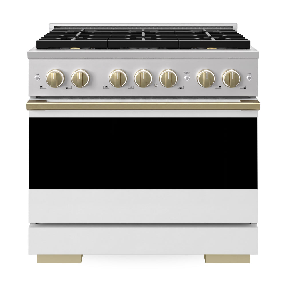 ZLINE Autograph Edition Marino 36-inch range in white matte and champagne bronze accents PMDRZ-WM-36-CB, front view
