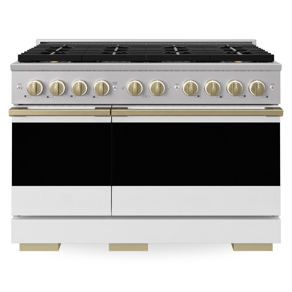 ZLINE Autograph Edition Marino 48-inch range in white matte and champagne bronze accents PMDRZ-WM-48-CB, front view