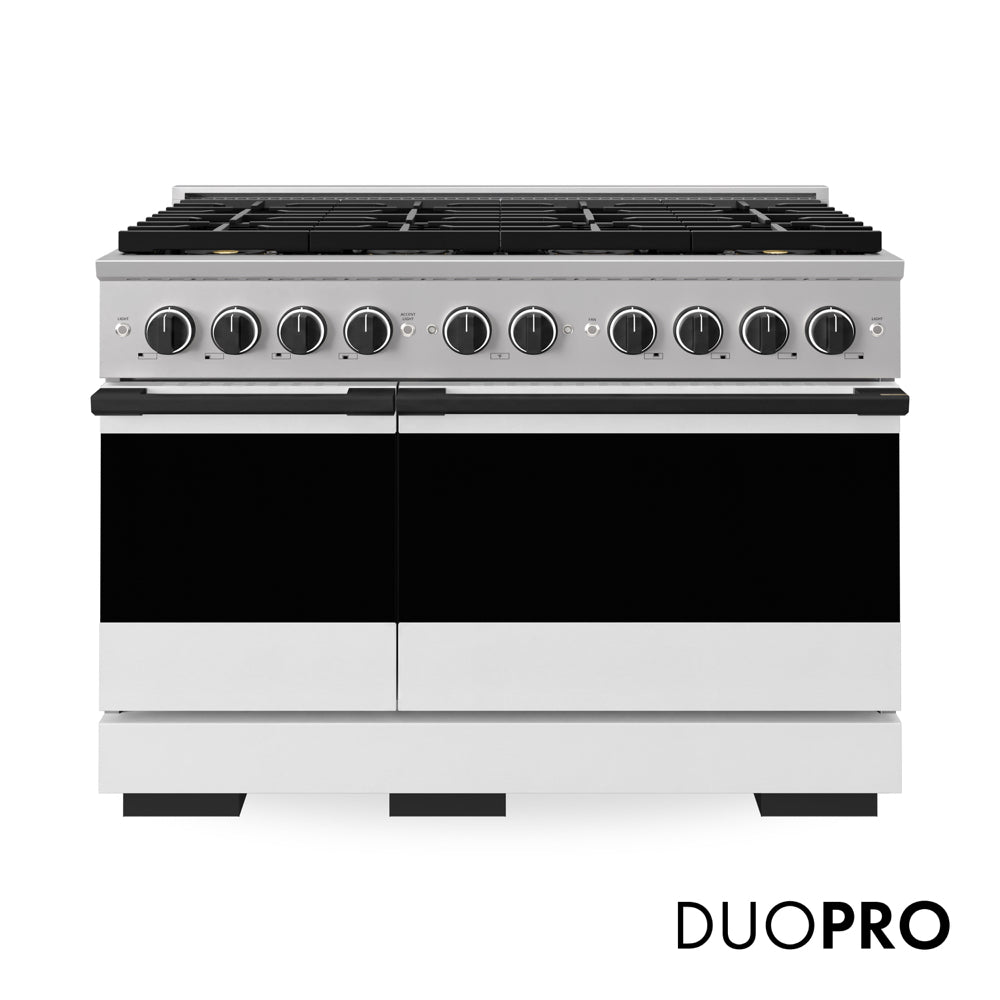 ZLINE Autograph Edition Marino 48-inch range in white matte and matte black accents PMDRZ-WM-48-MB