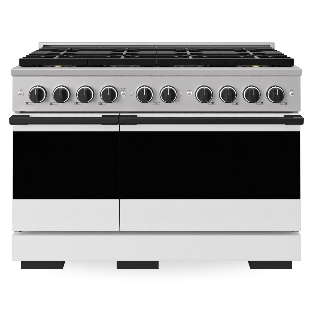 ZLINE Autograph Edition Marino 48-inch range in white matte and matte black accents PMDRZ-WM-48-MB, front view