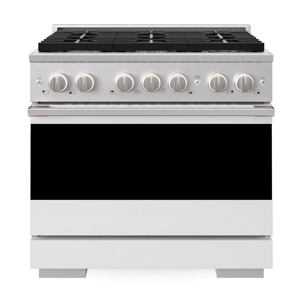 ZLINE Marino 36-inch range in stainless steel with white matte door MGR-WM-36, front view