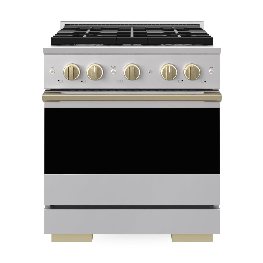 ZLINE Autograph Edition Marino 30-inch range in stainless steel and champagne bronze accents MGRZ-30-CB, front view
