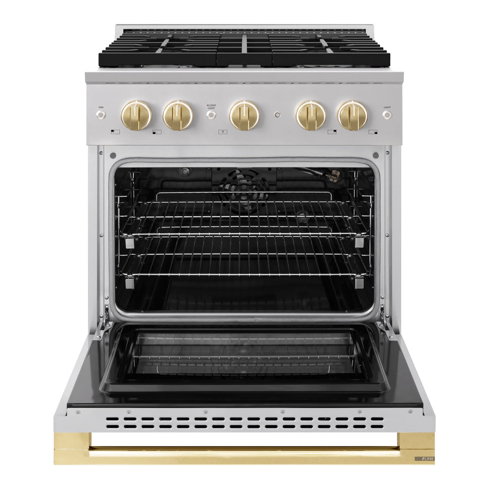 ZLINE Autograph Edition Marino 30-inch range in stainless steel and polished gold accents MGRZ-30-G, front view